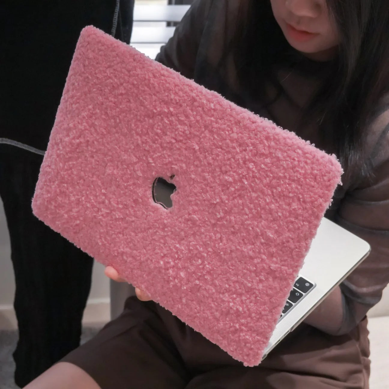 Neon Pink Teddy Plush Leather Macbook Case