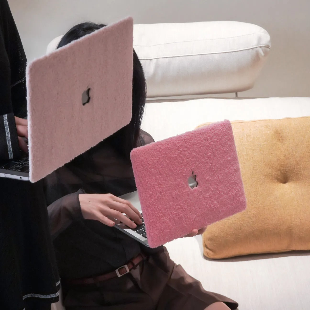 Neon Pink Teddy Plush Leather Macbook Case
