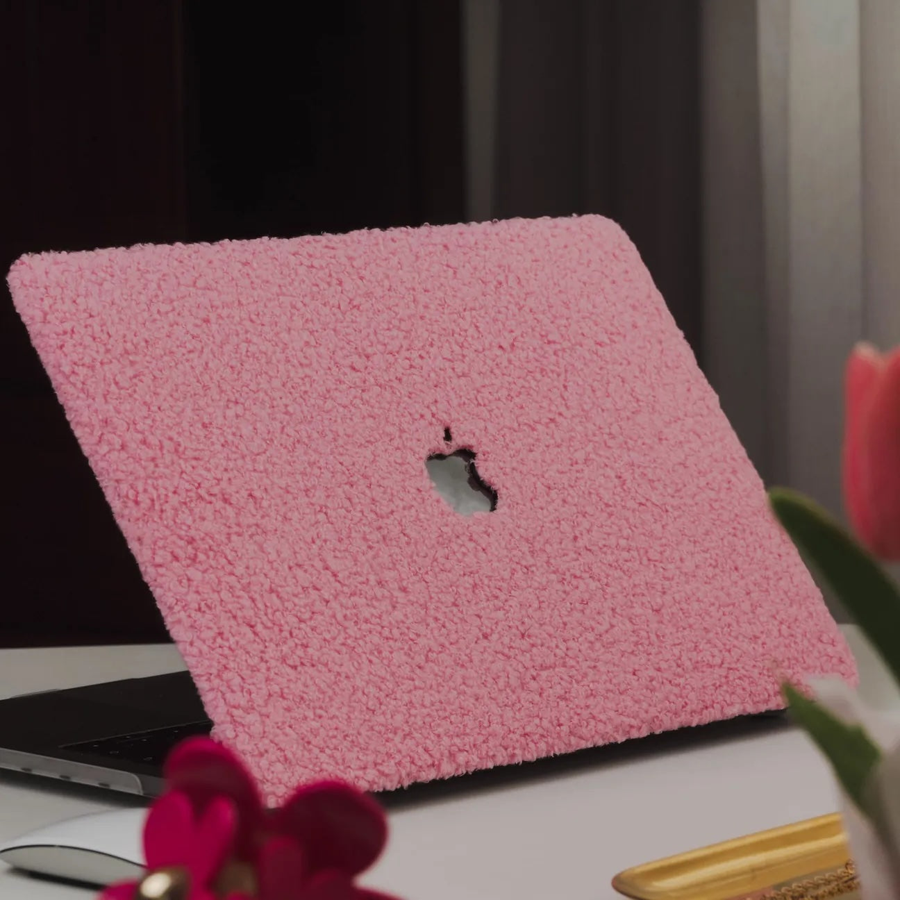 Neon Pink Teddy Plush Leather Macbook Case