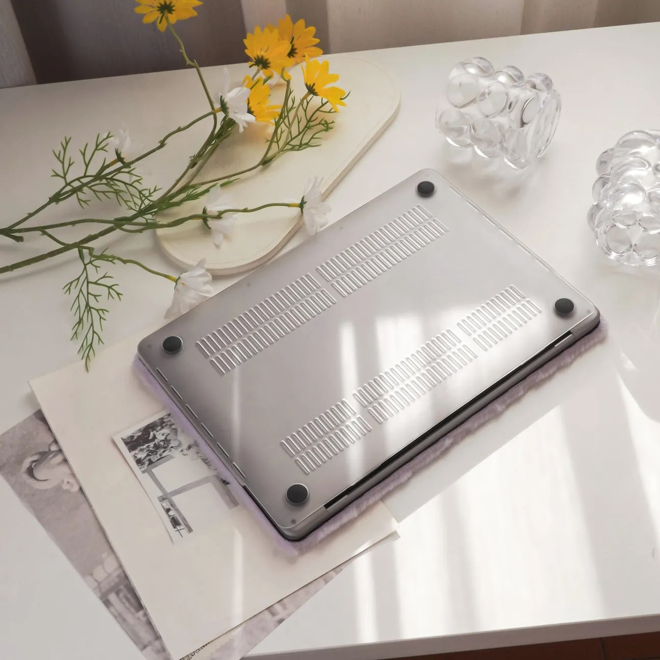 Pale Lilac rabbit fur Leather Macbook Case
