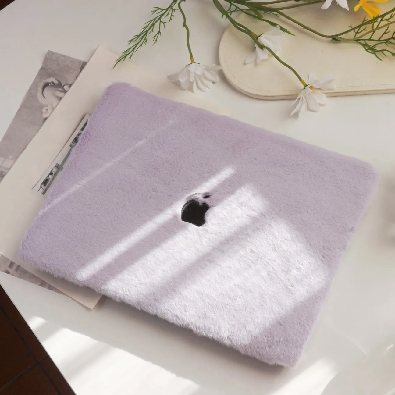 Pale Lilac rabbit fur Leather Macbook Case