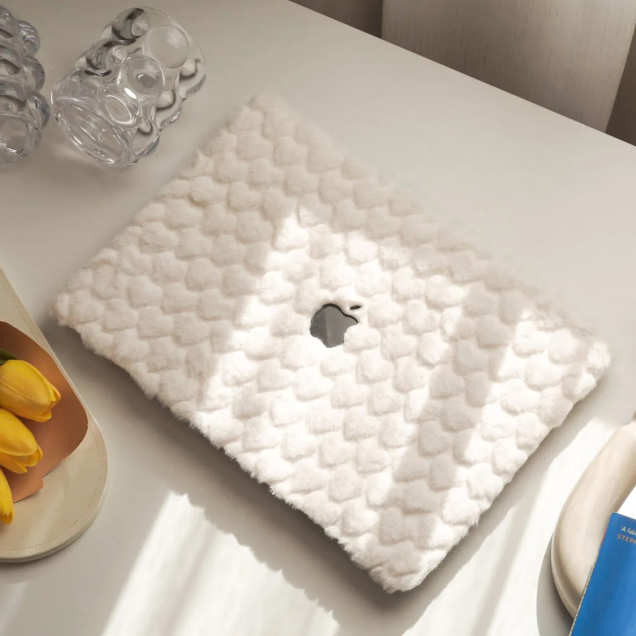 White Love Rabbit Fur Leather Macbook Case
