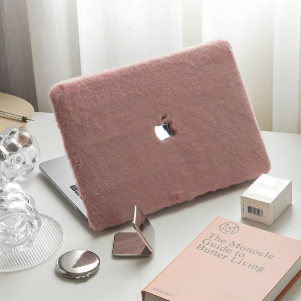 Pink Rabbit Fur Leather Macbook Case