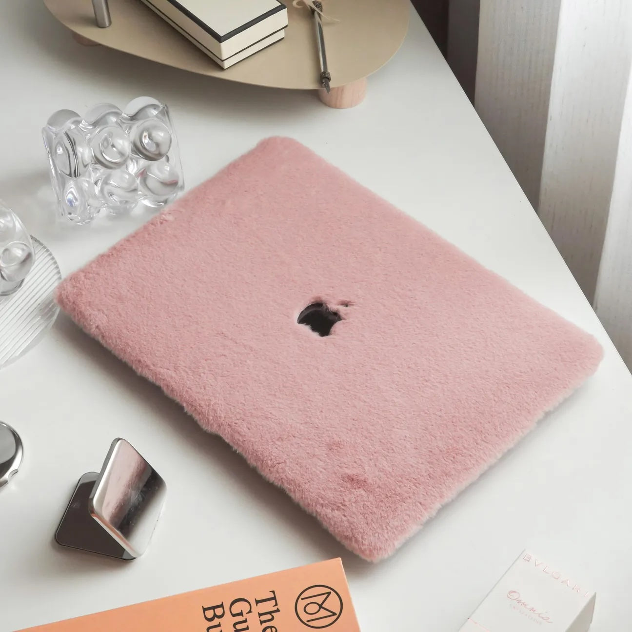 Pink Rabbit Fur Leather Macbook Case