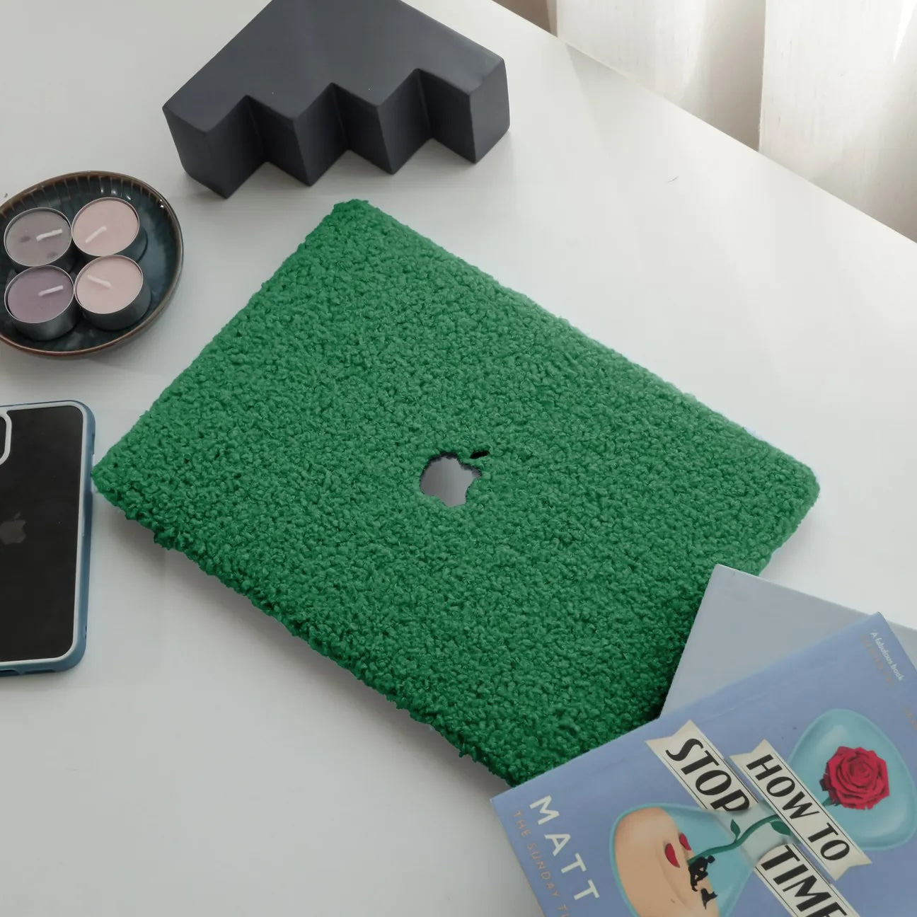 Basil Green Teddy Plush Leather Macbook Case
