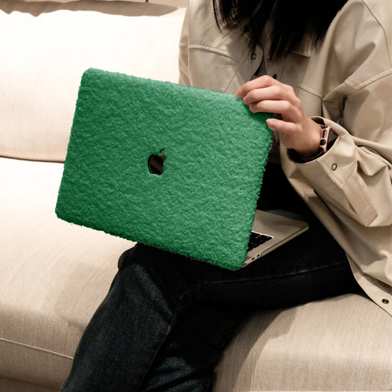 Basil Green Teddy Plush Leather Macbook Case