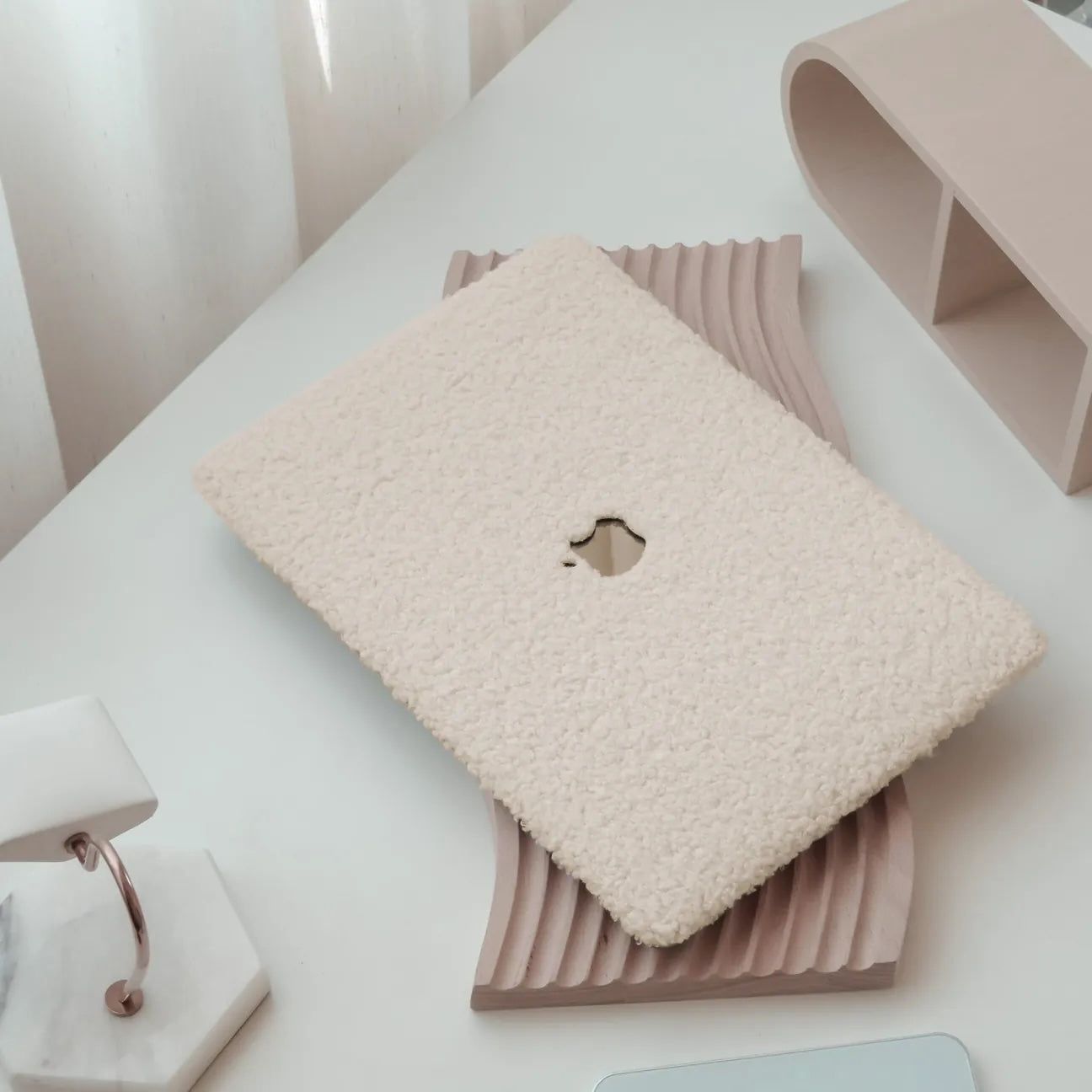 Beige Teddy Plush Leather Macbook Case