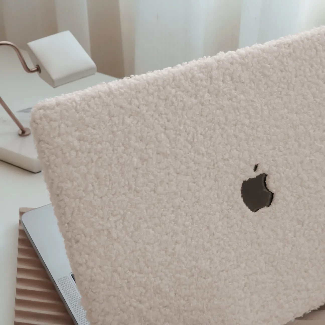 Beige Teddy Plush Leather Macbook Case