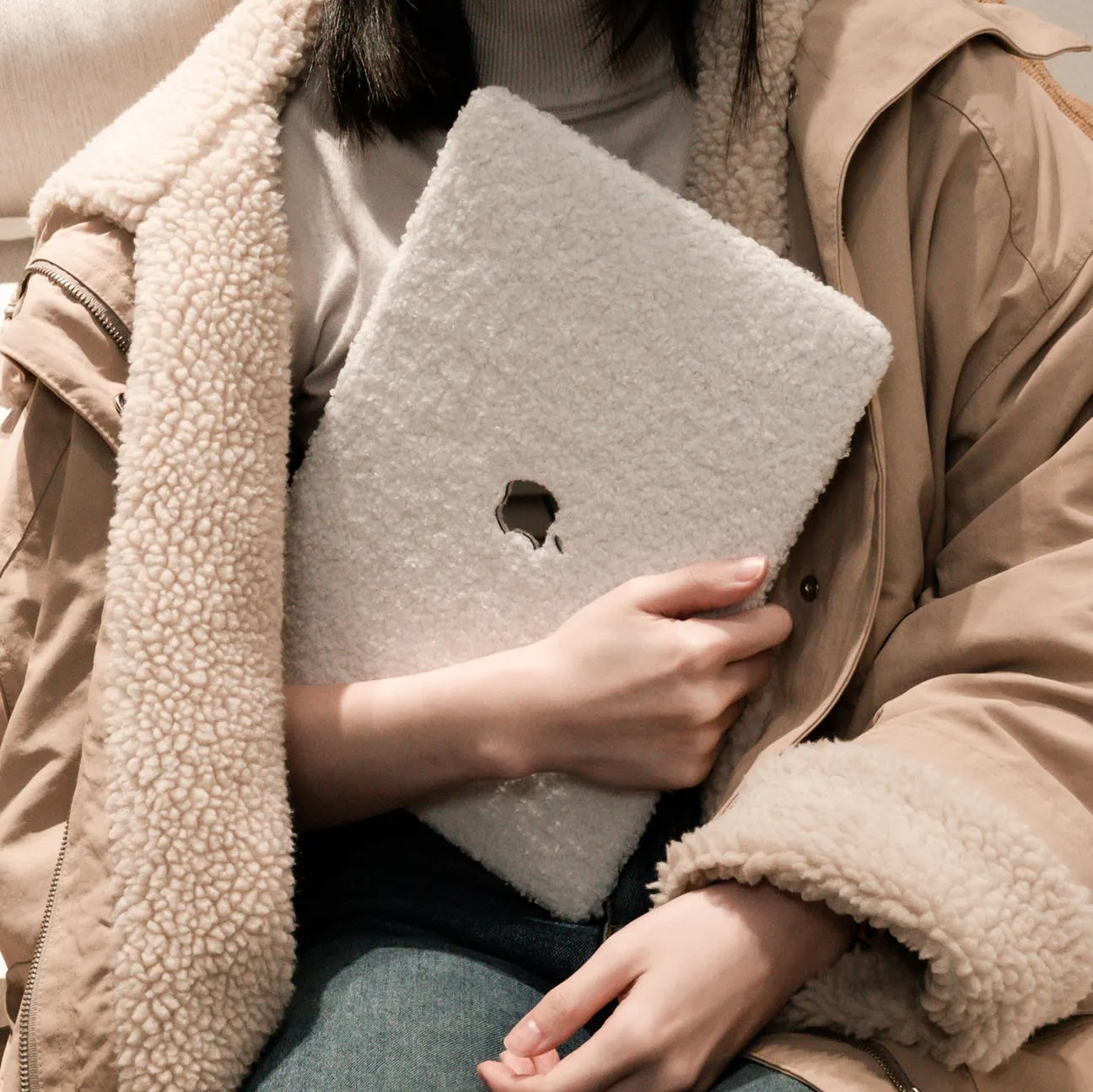 Beige Teddy Plush Leather Macbook Case