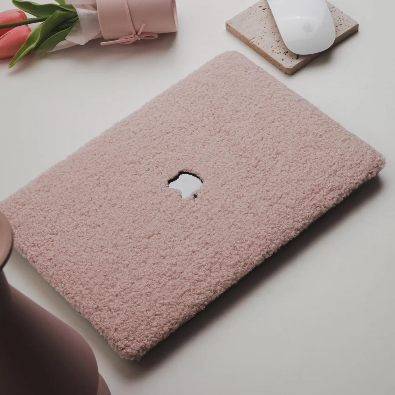 Pink Teddy Plush Leather Macbook Case