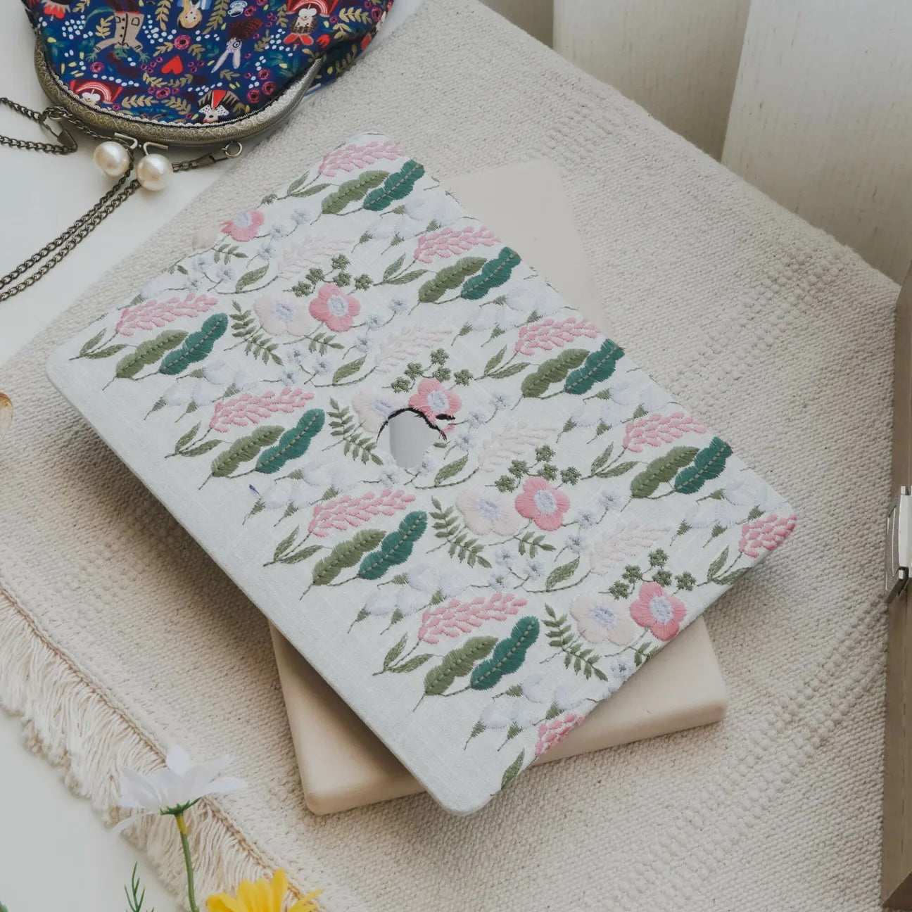 White Sage Embroidered Leather Macbook Case