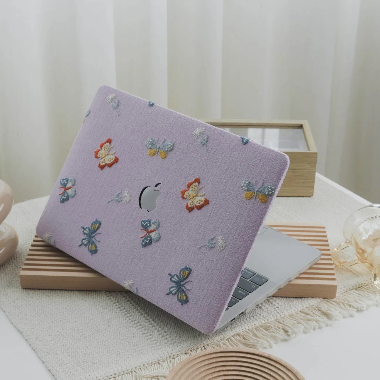 Pale Lilac Butterfly Embroidered Leather Macbook Case