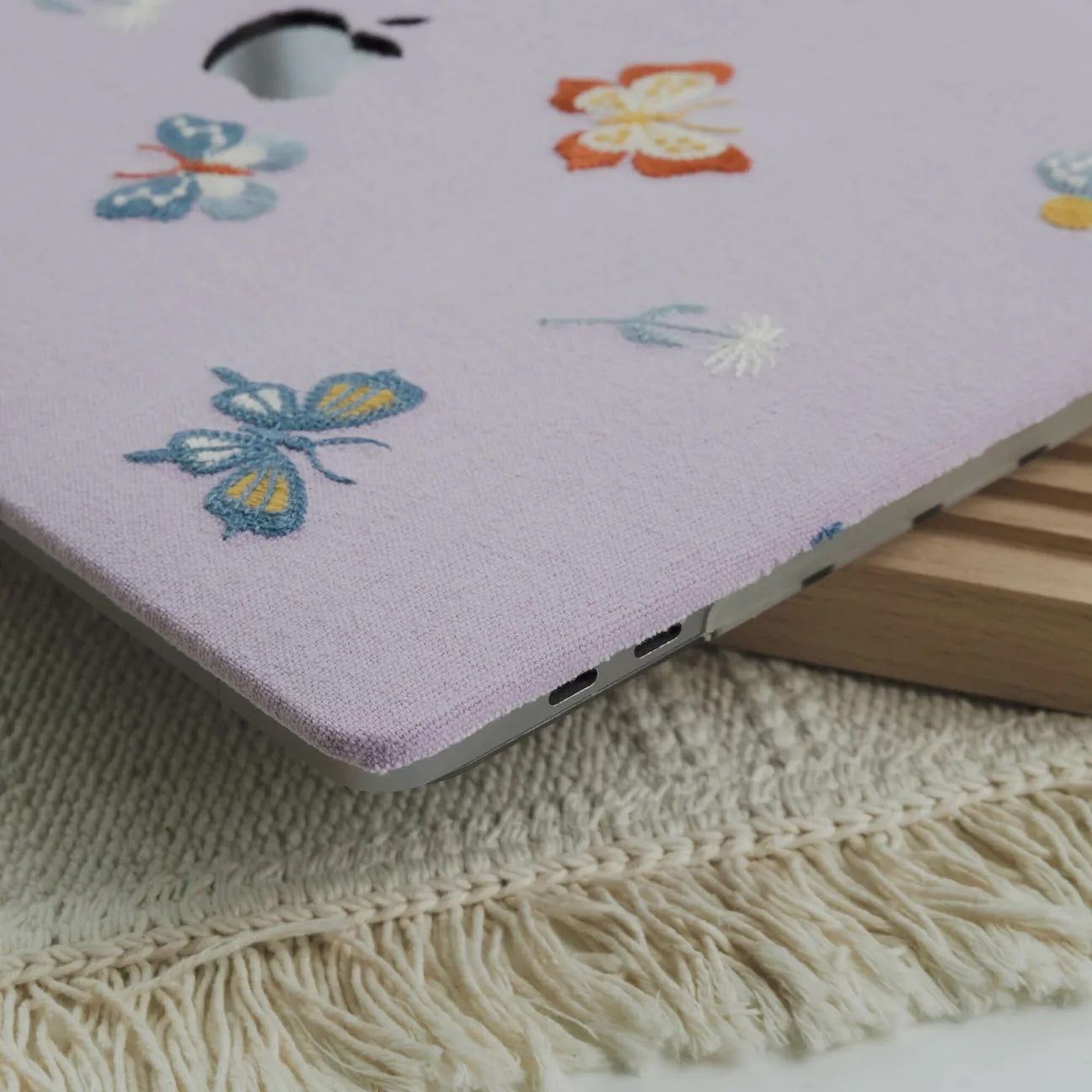 Pale Lilac Butterfly Embroidered Leather Macbook Case