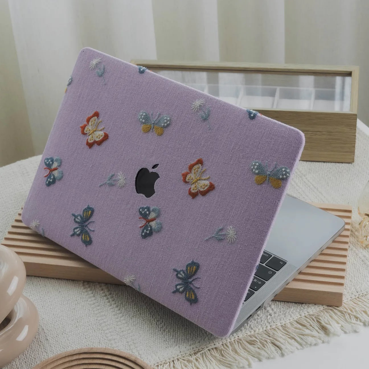 Pale Lilac Butterfly Embroidered Leather Macbook Case