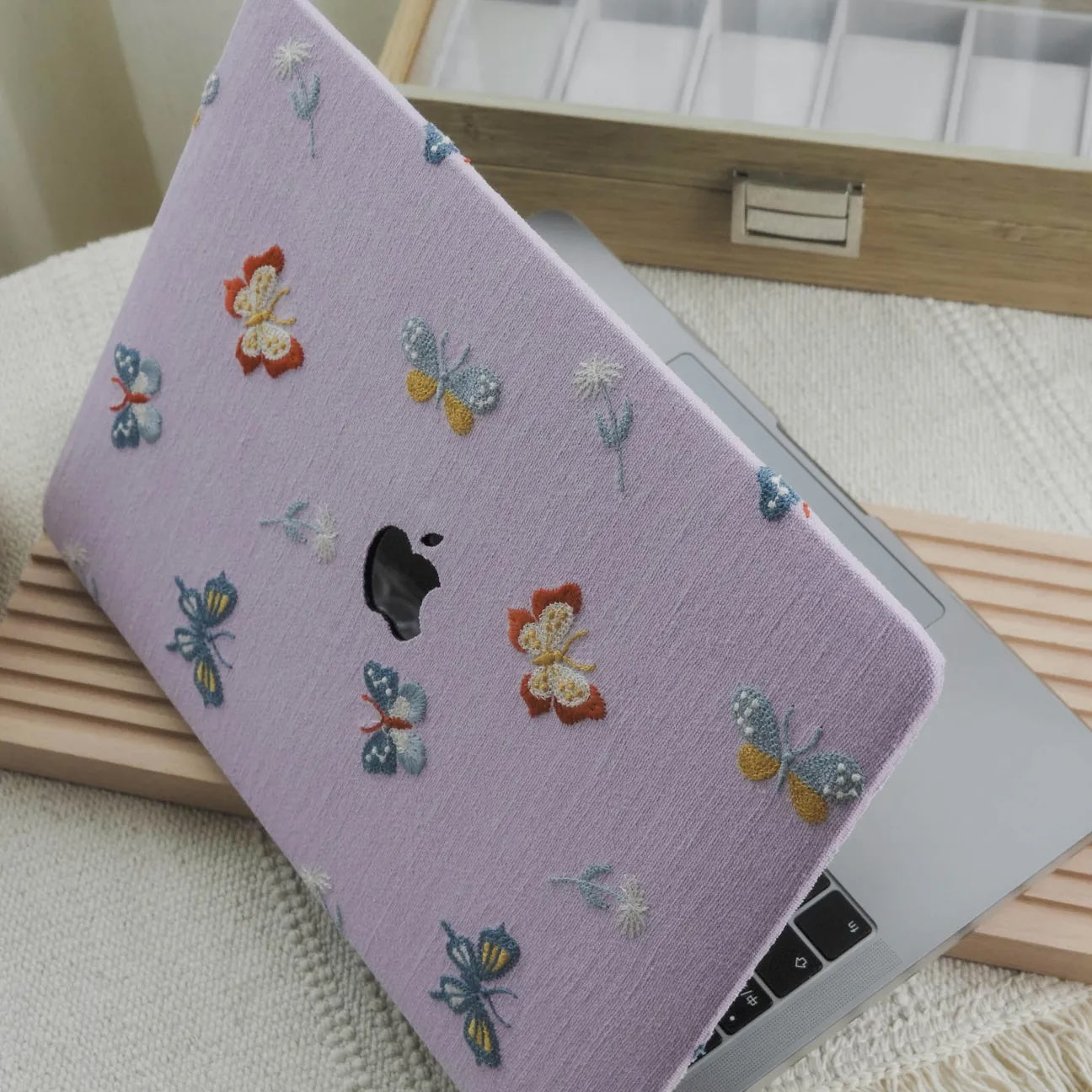 Pale Lilac Butterfly Embroidered Leather Macbook Case