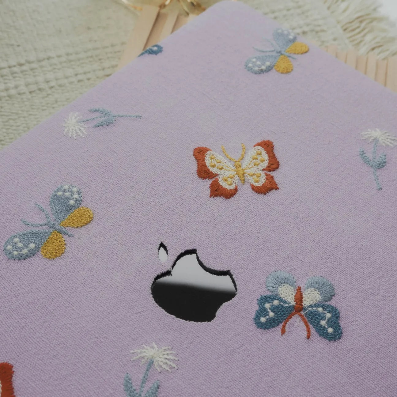 Pale Lilac Butterfly Embroidered Leather Macbook Case