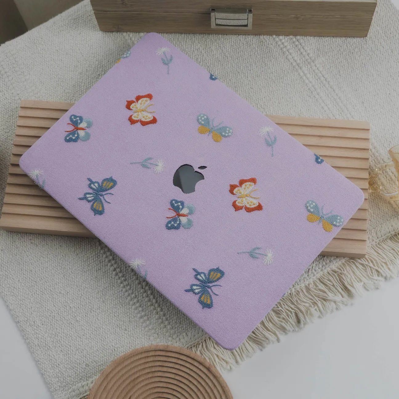 Pale Lilac Butterfly Embroidered Leather Macbook Case