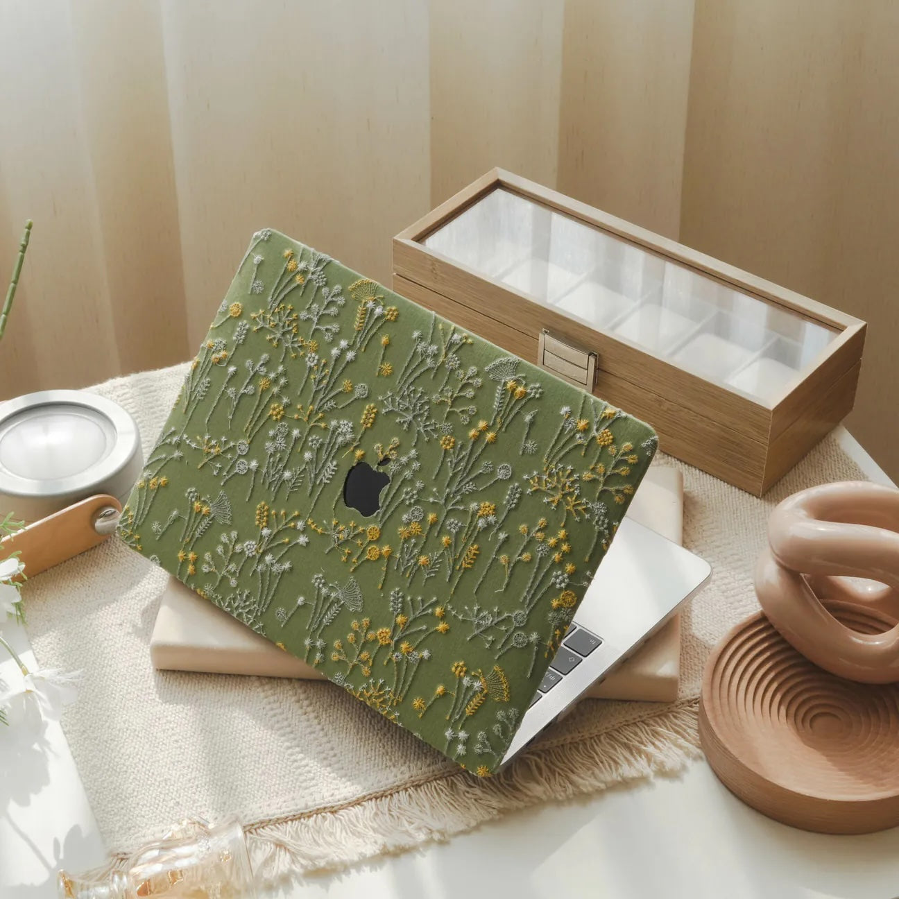 Grass Green Bandelion Embroidered Leather Macbook Case