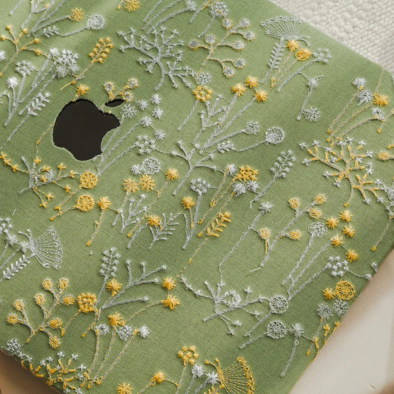 Grass Green Bandelion Embroidered Leather Macbook Case