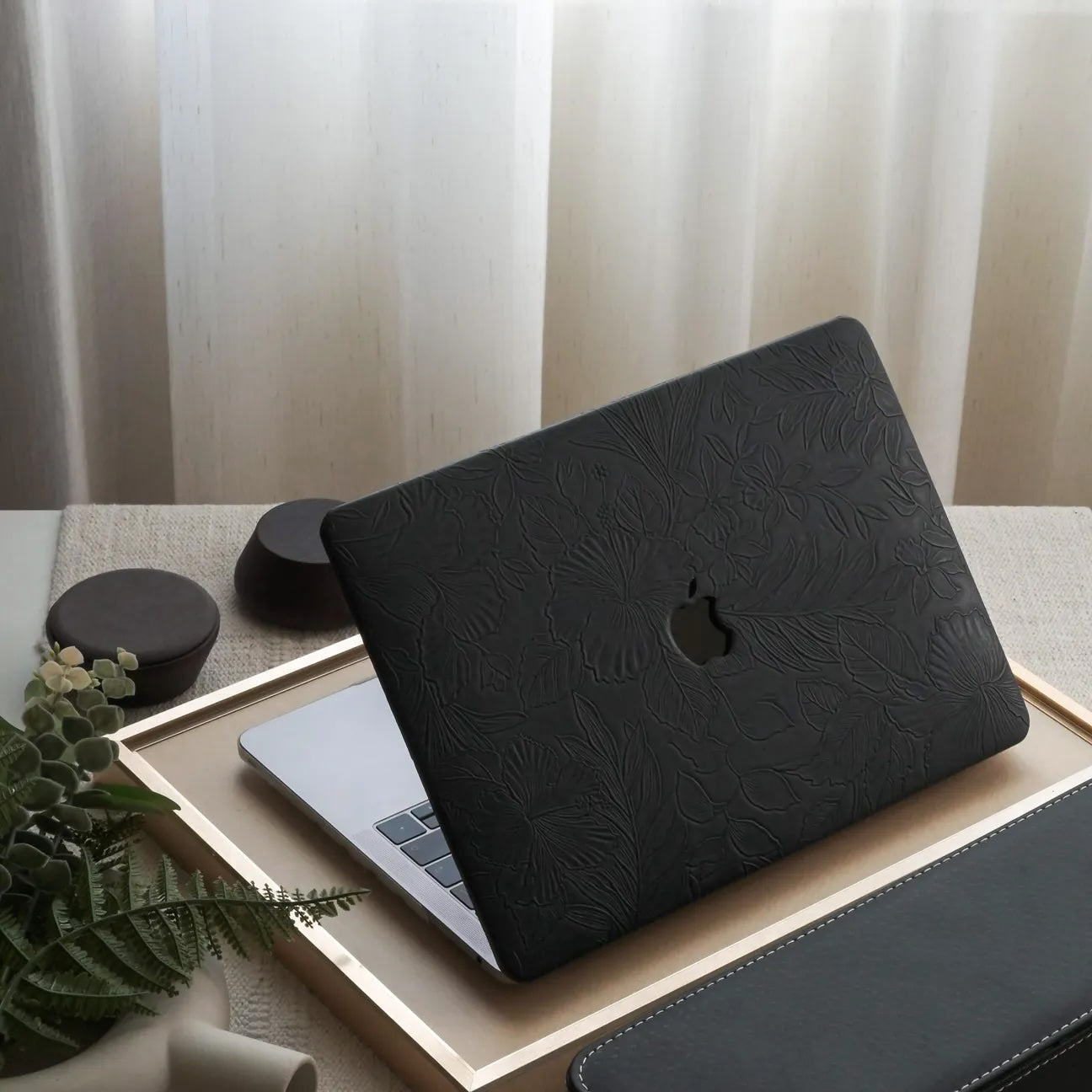 Black Embossed Floral Leather Macbook Case