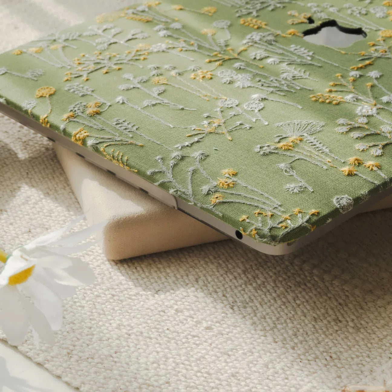 Grass Green Bandelion Embroidered Leather Macbook Case