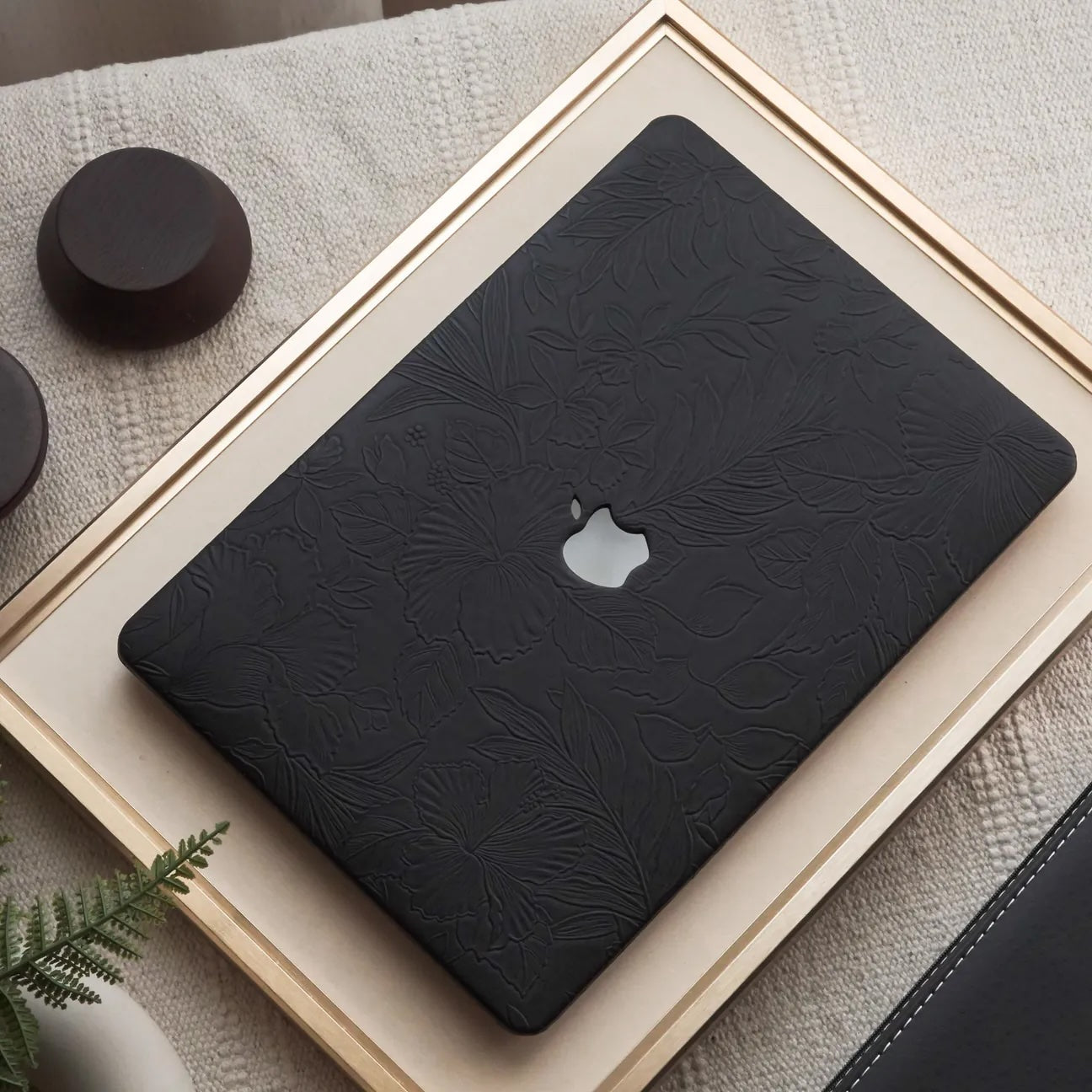 Black Embossed Floral Leather Macbook Case