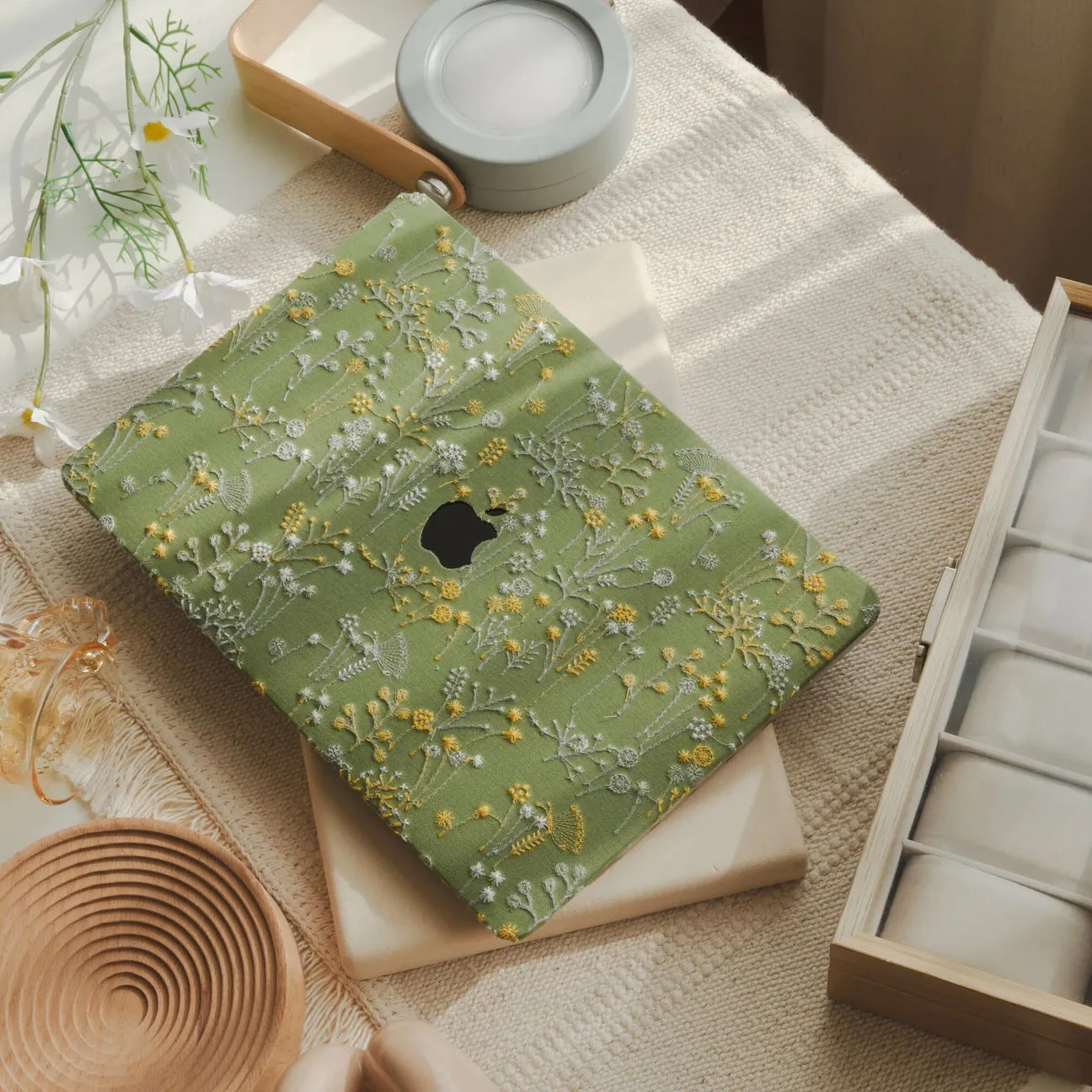 Grass Green Bandelion Embroidered Leather Macbook Case
