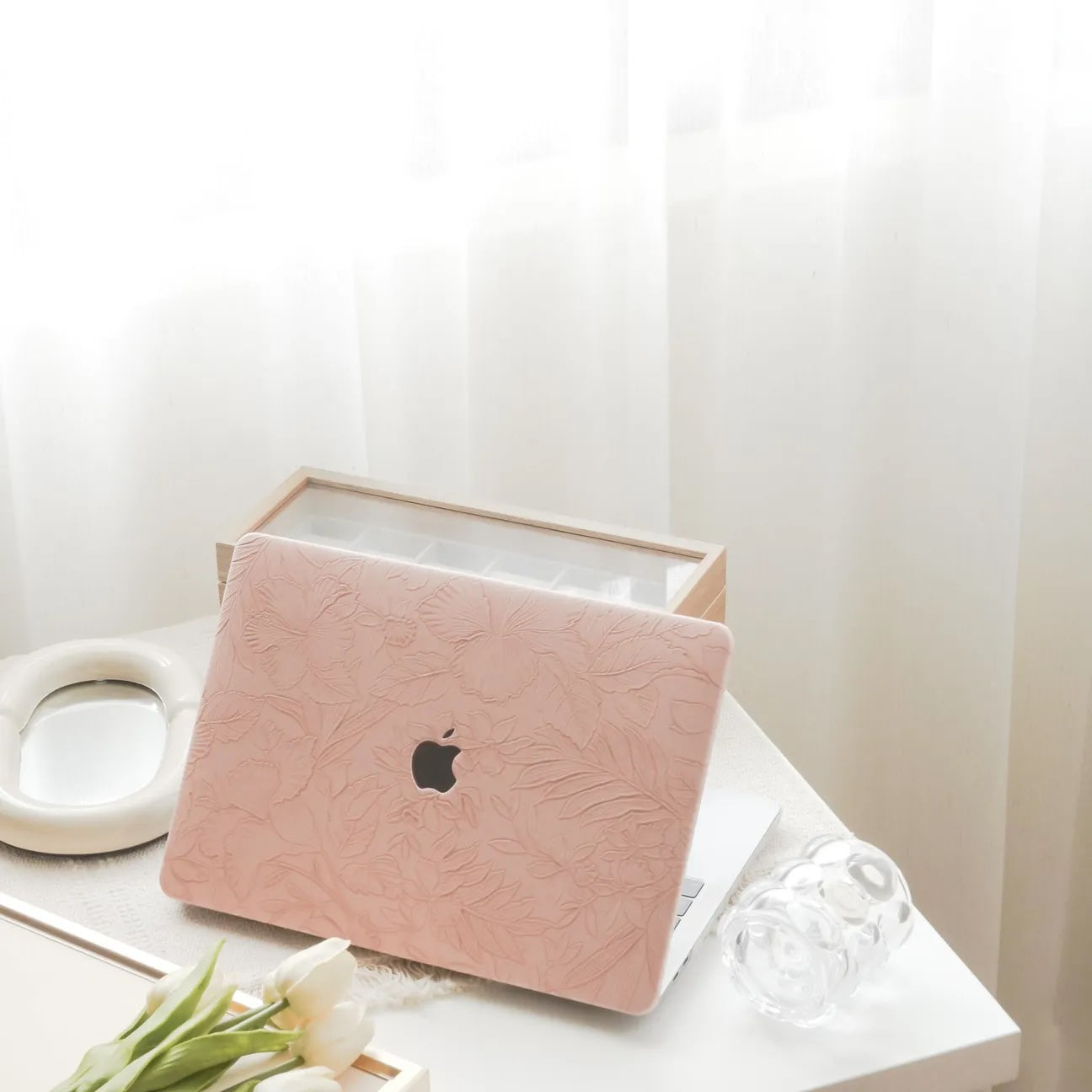 Pink Embossed Floral Leather Macbook Case