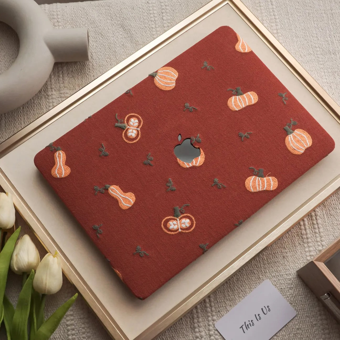 Pumpkin Embroidered Leather Macbook Case