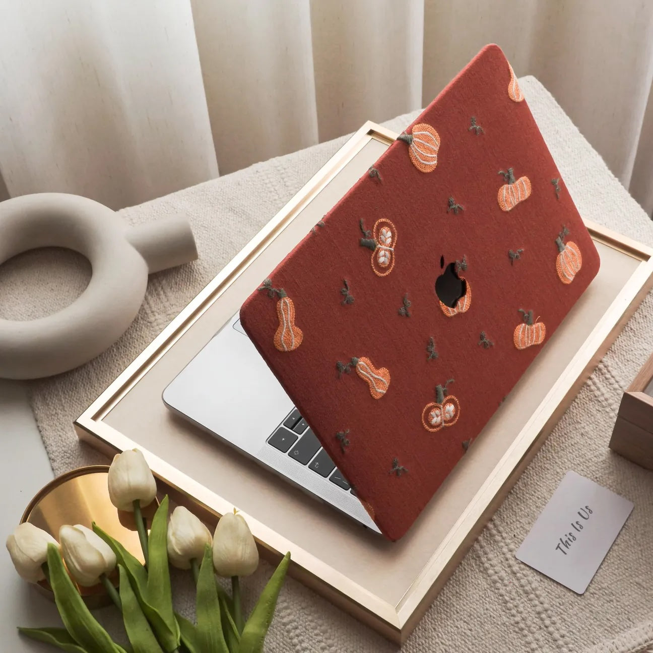Pumpkin Embroidered Leather Macbook Case