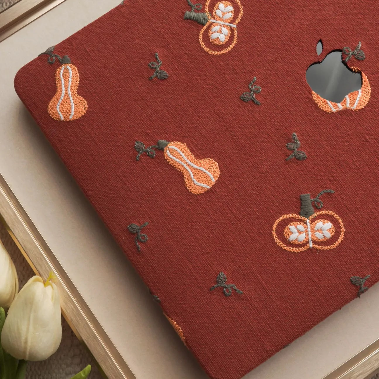 Pumpkin Embroidered Leather Macbook Case