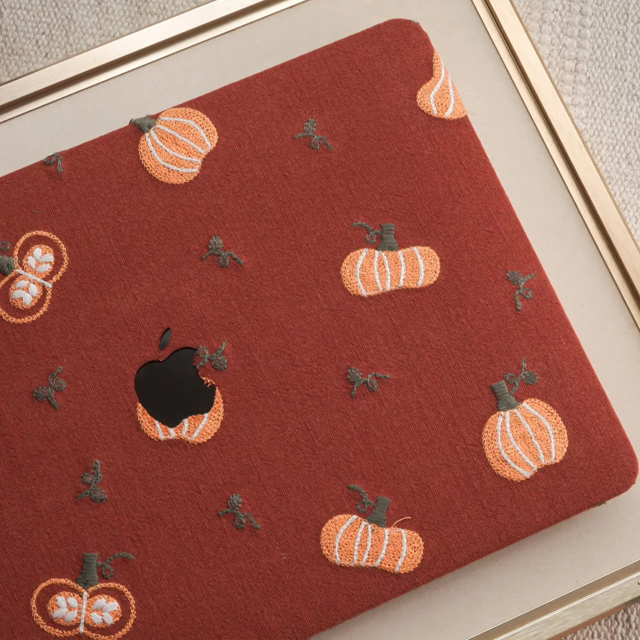 Pumpkin Embroidered Leather Macbook Case