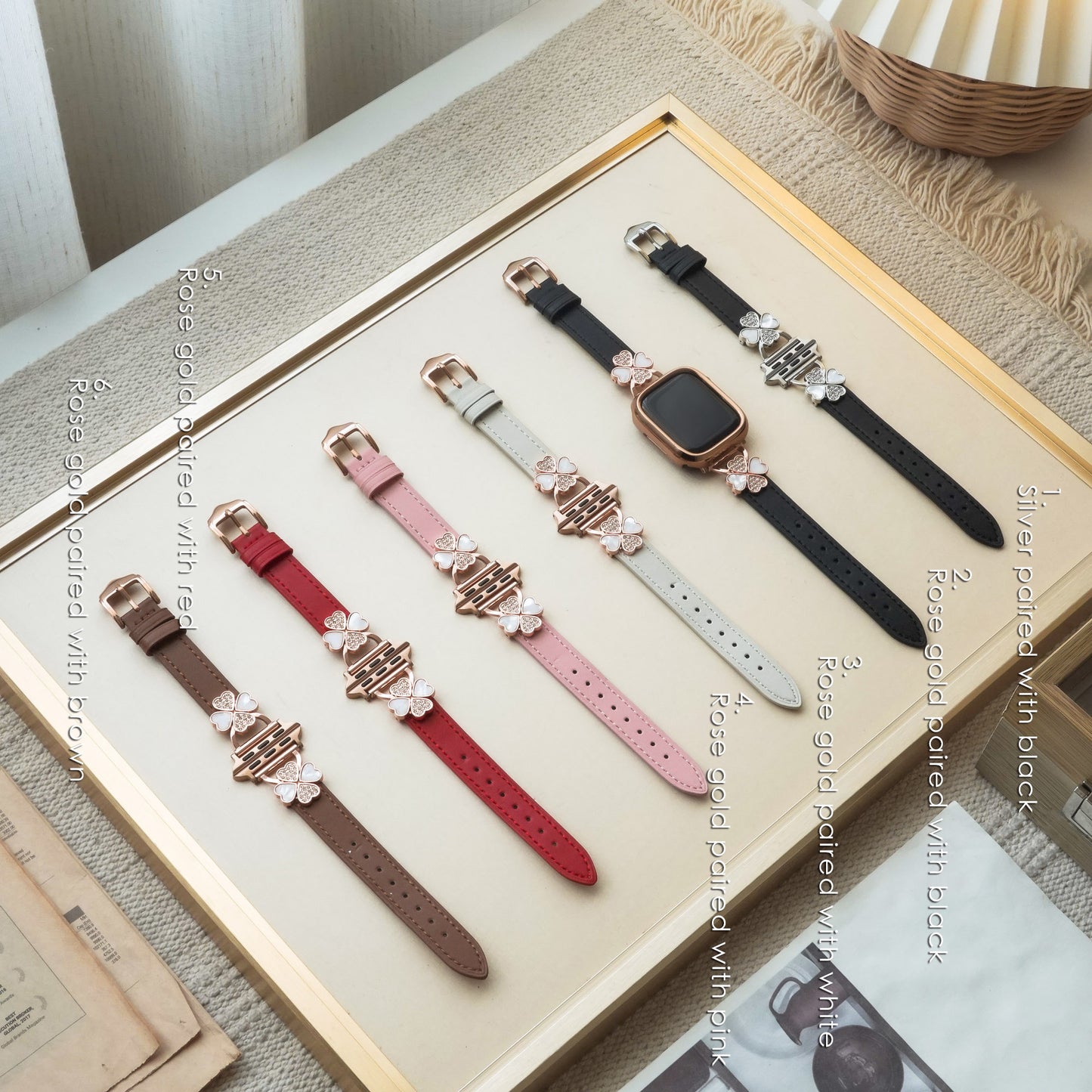 Clover Leather with Diamond Apple Watch strap