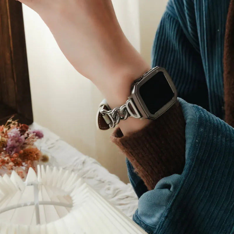 Metal mixed denim leather single chain Apple Watch strap