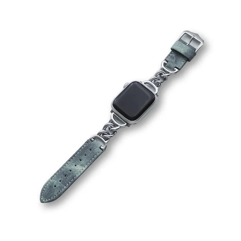 Metal mixed denim leather single chain Apple Watch strap