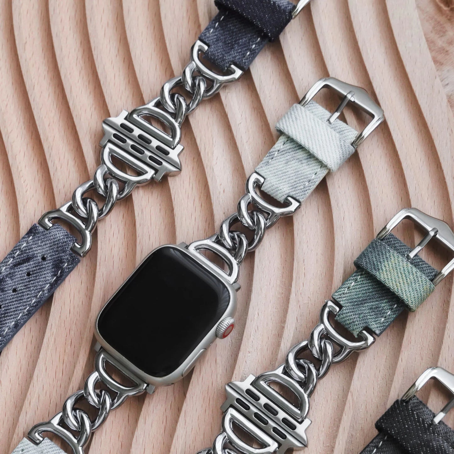 Metal mixed denim leather single chain Apple Watch strap