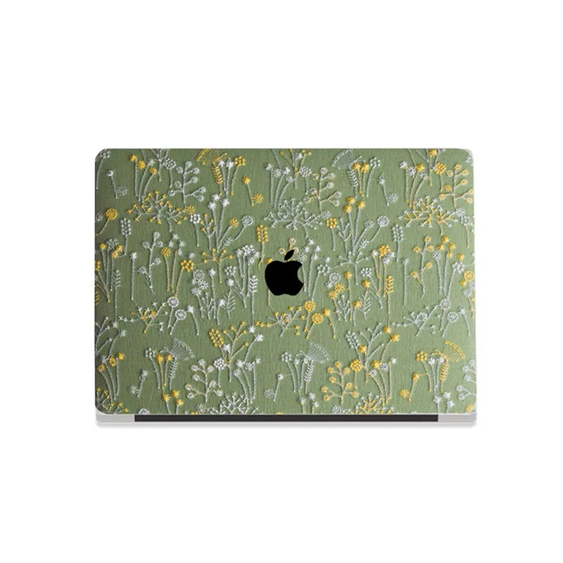Grass Green Bandelion Embroidered Leather Macbook Case