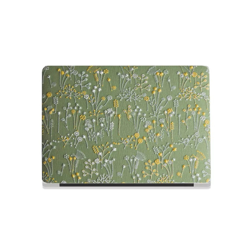 Grass Green Bandelion Embroidered Leather Macbook Case