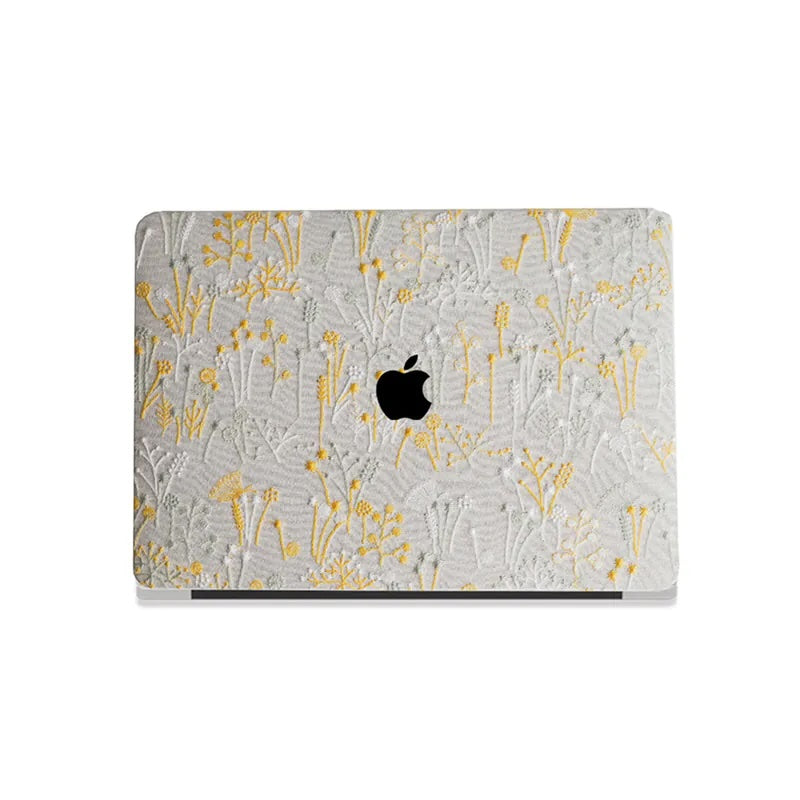 White Bandelion Embroidered Leather Macbook Case