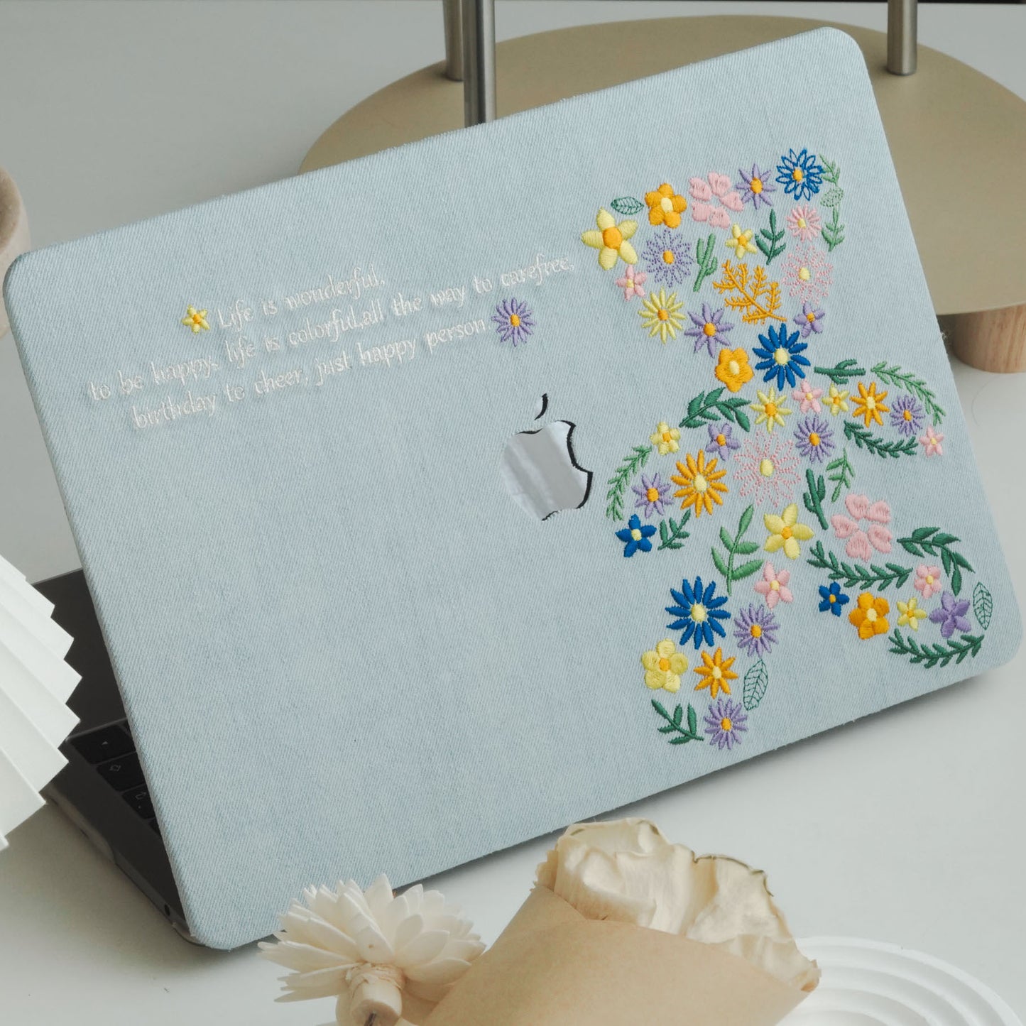 Embroidered Series ♾ Artistic Floral Bear Textured Stitch Mac Case