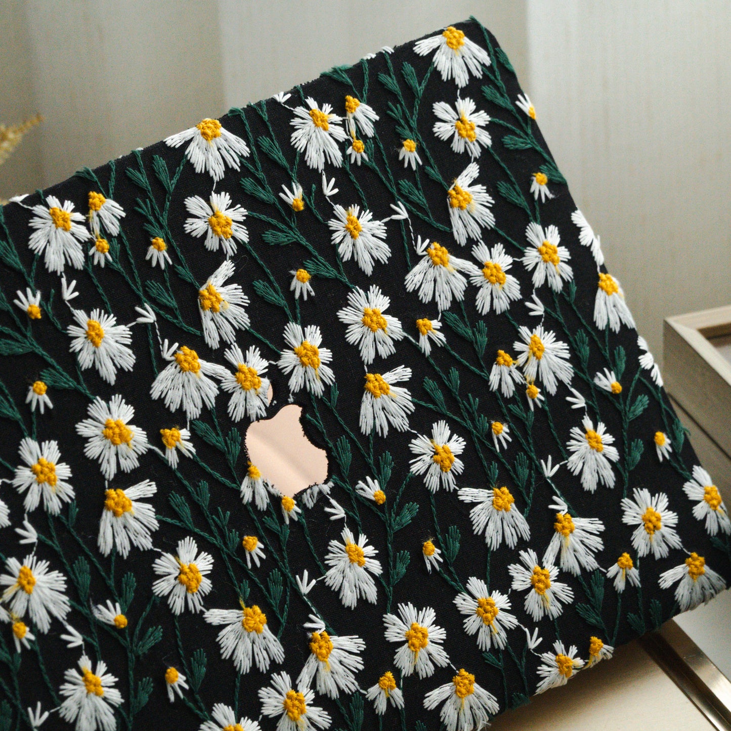Embroidery Series ♾ Deep Black Daisy Textured Stitching MacBook Case