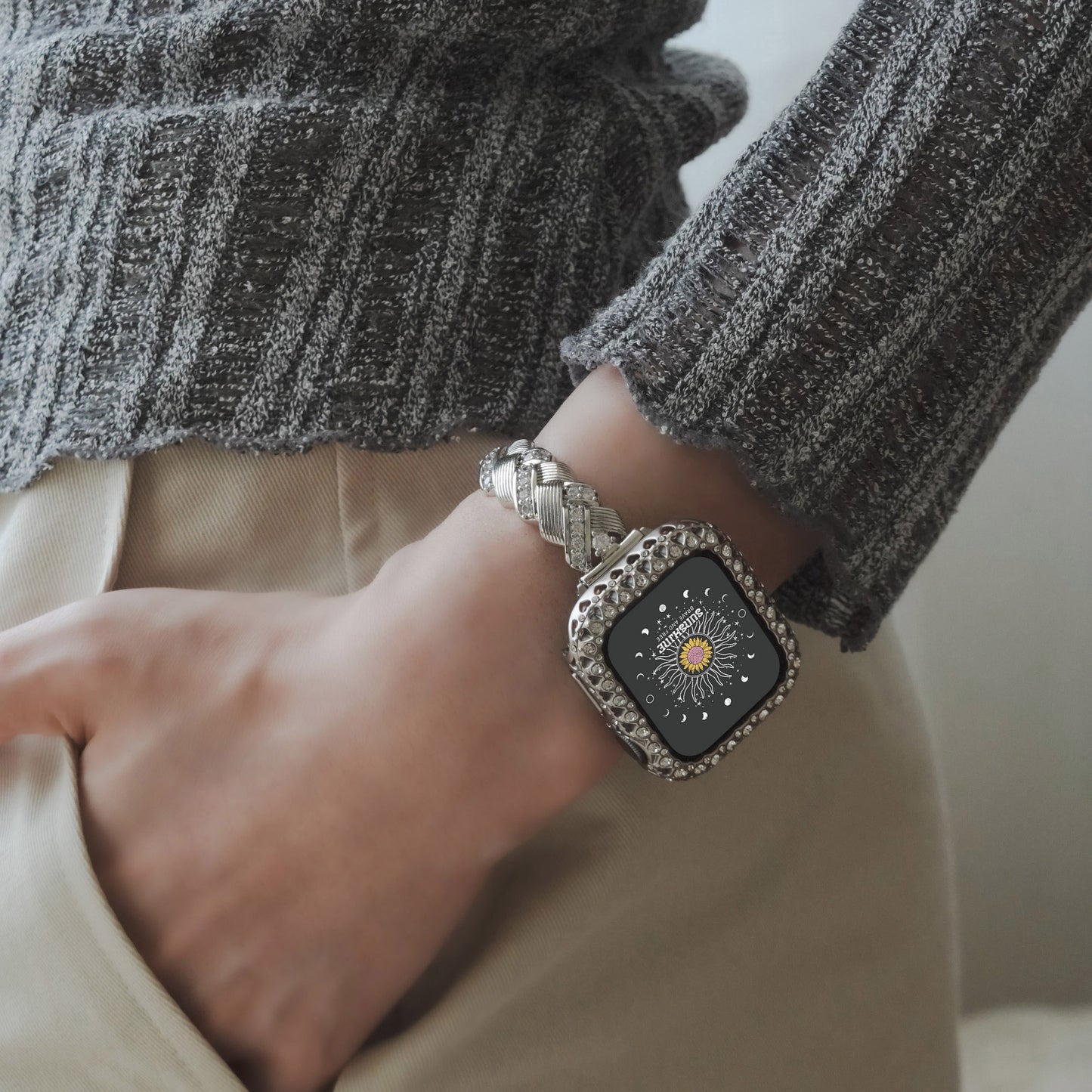 Trendy Woven Texture with Elegant Rhinestones Apple Watch Band