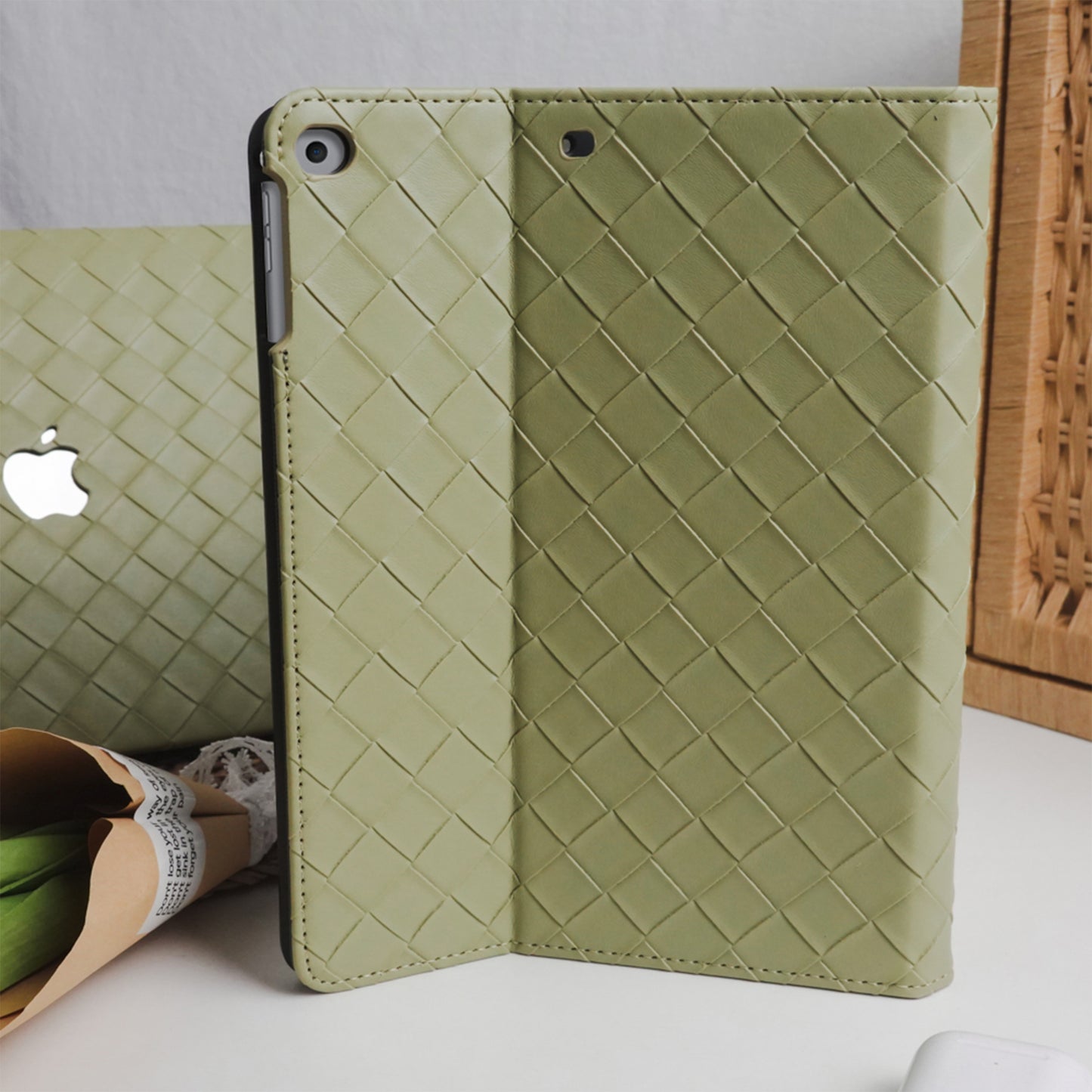Leather Series & Light Aqua Wide Knit with Pencil Holder iPad case