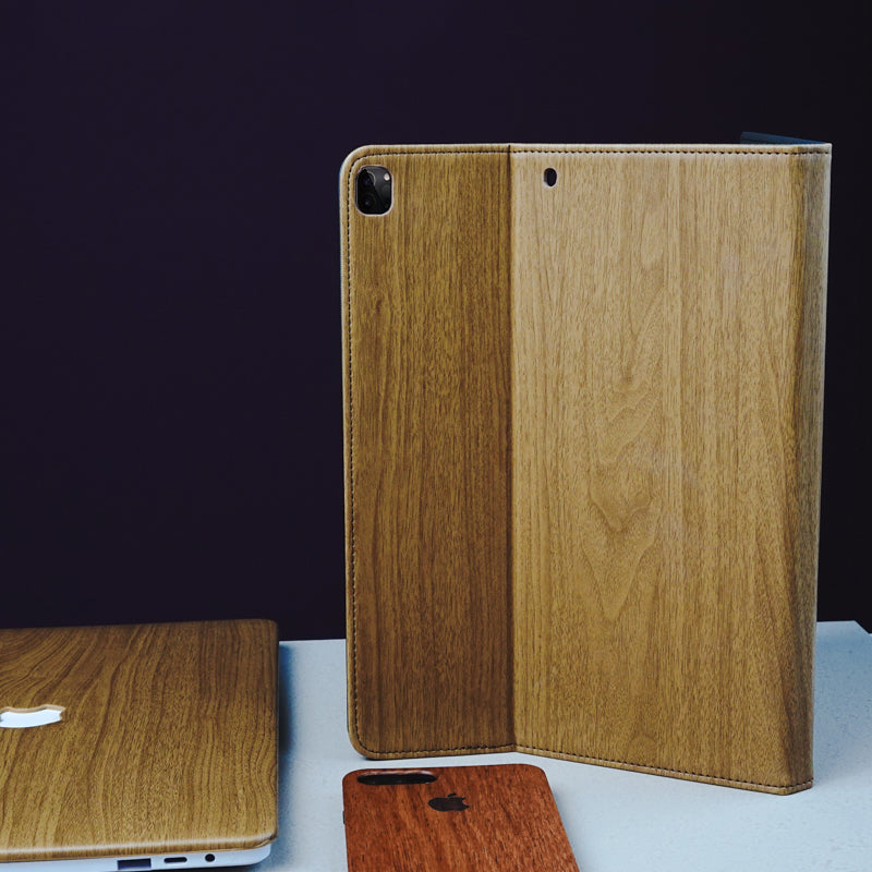 Leather Series & Texture Wood Grain with Pencil Holder iPad Case