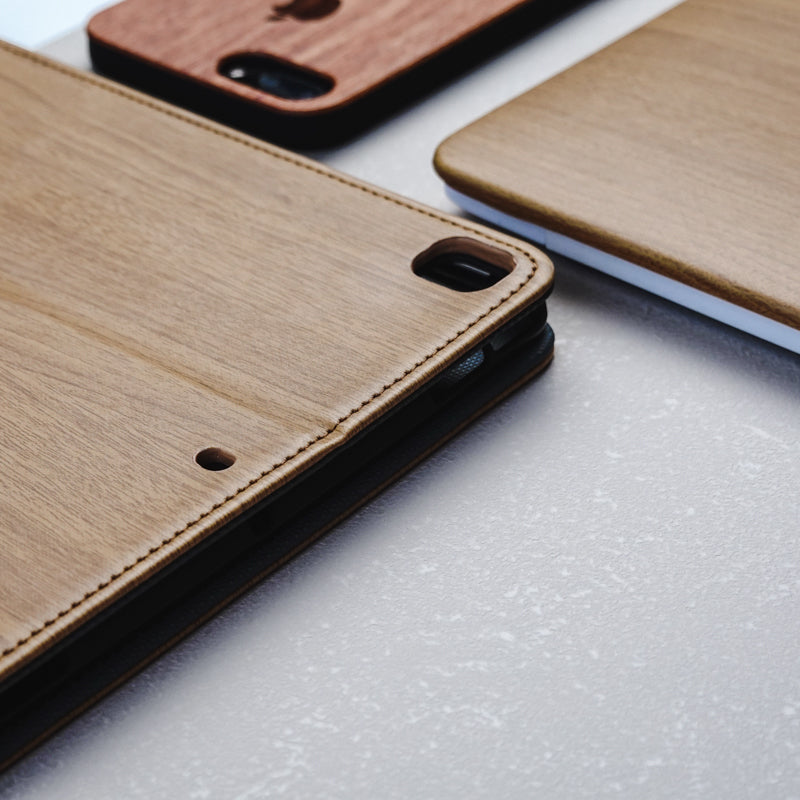 Leather Series & Texture Wood Grain with Pencil Holder iPad Case