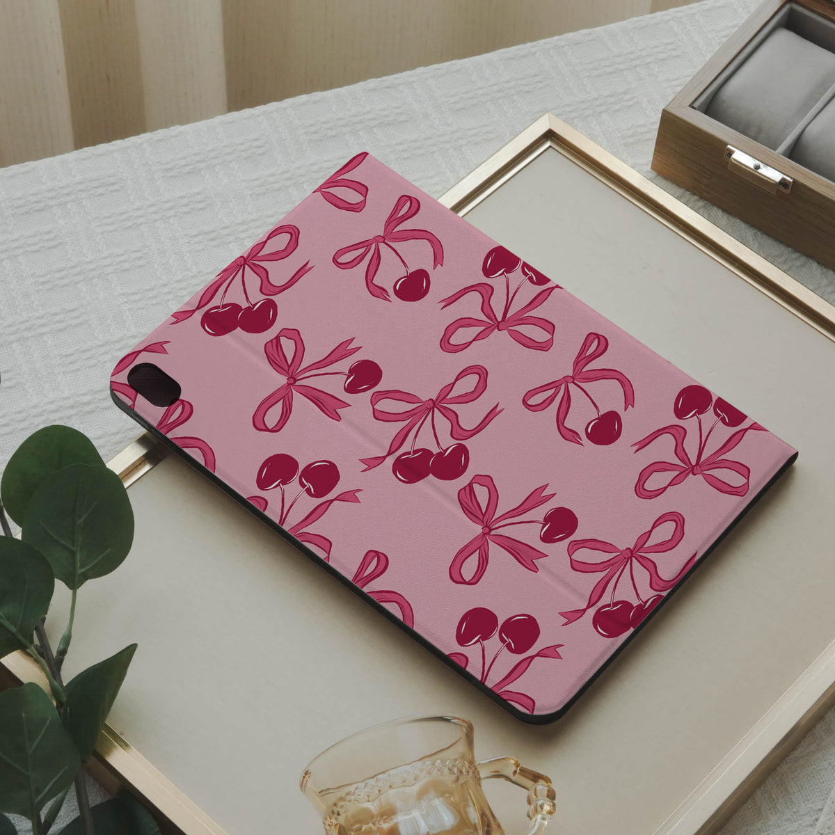 Design Cherry Ribbon Pencil Magnetic Pen Slot iPad Protective Case