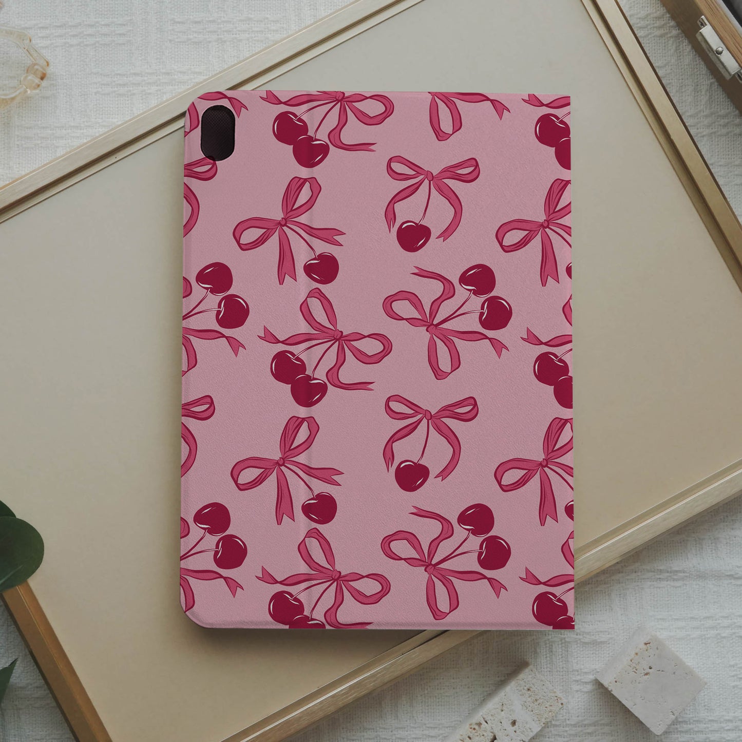 Design Cherry Ribbon Pencil Magnetic Pen Slot iPad Protective Case