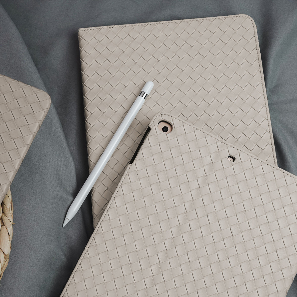 Leather Series & Antique White Braided with Pencil Holder iPad Case