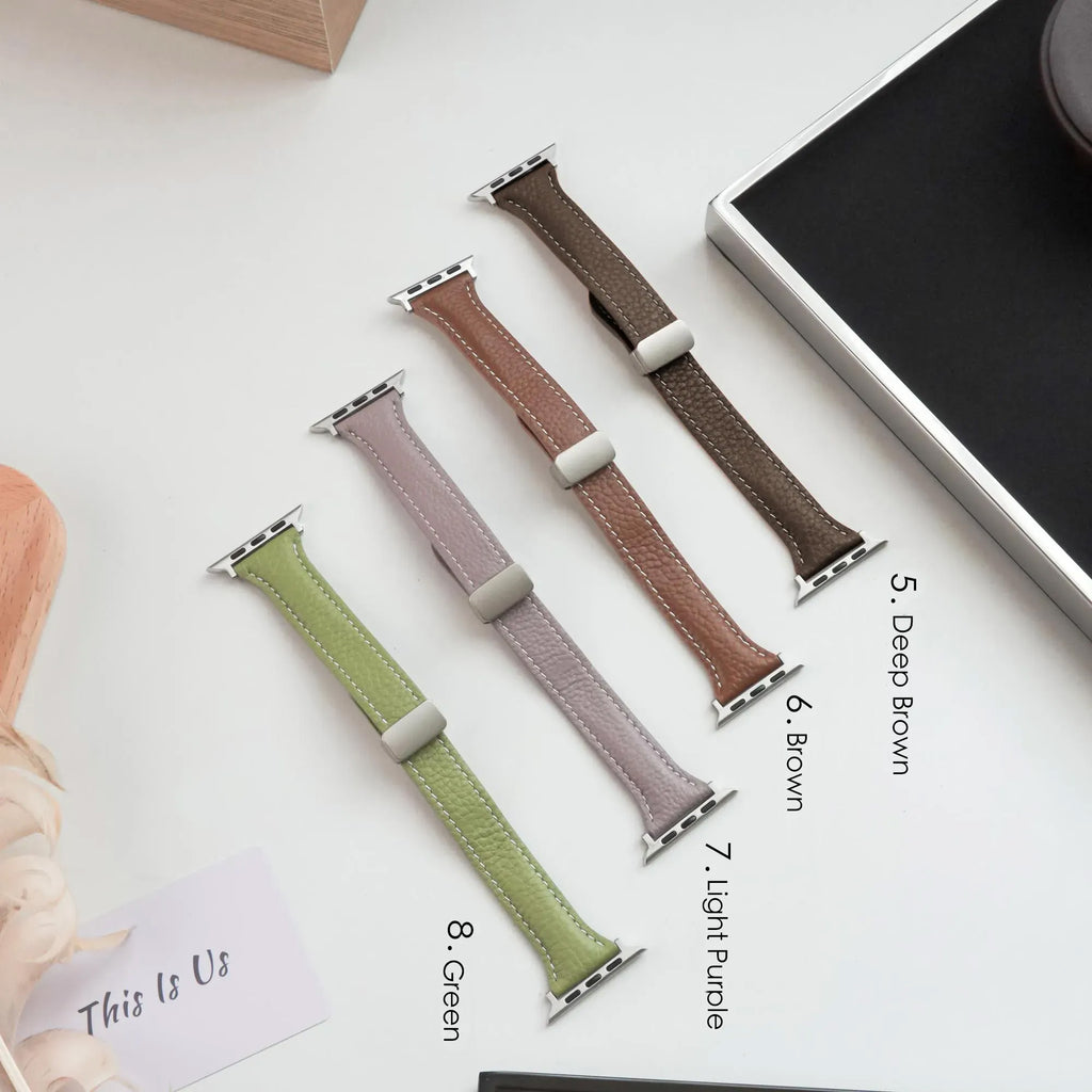 Slim Magnetic Lychee Texture Leather Apple Watch Band