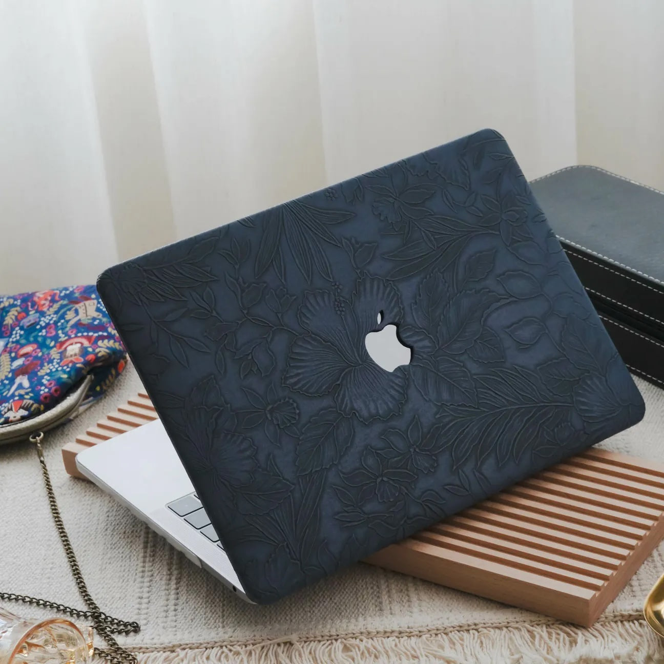 Salvia Blue Embossed Floral Leather Macbook Case